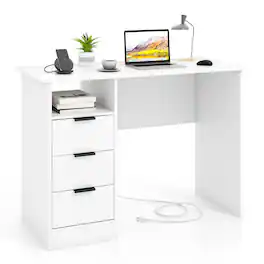 WELLFOR - 42.5" Home Office Desk with Power Outlet, Computer Desk with 3 Drawers and Open Compartment - White