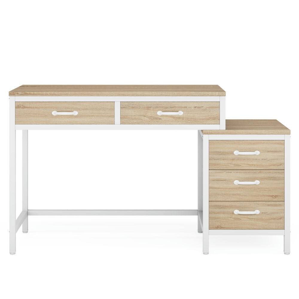 Angle. Kadyn - Kadyn Study Writing Desk, 5-Drawer Computer Desk with Reversible Drawer Cabinet - Beige.