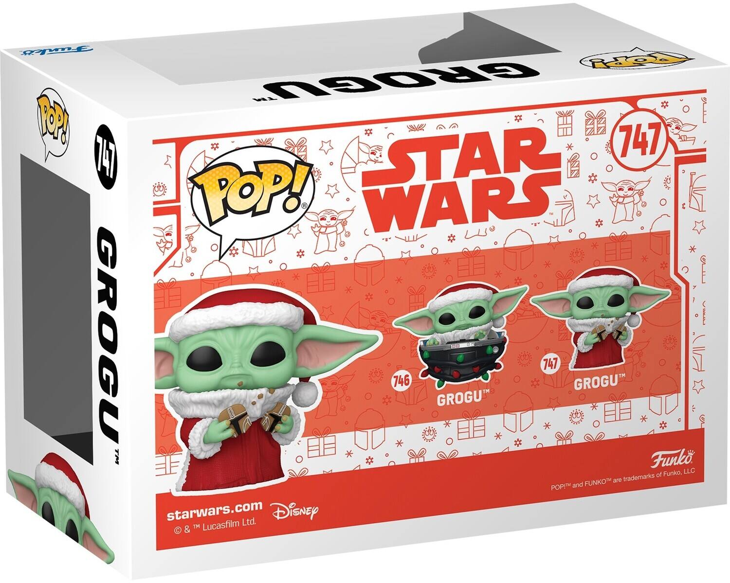 Sure, here is the corrected and grouped text from the image:

---

**Front:**

- **POP!**
- **747**
- **GROGU™**
- **STAR WARS**
- **746 GROGU™**
- **747 GROGU™**
- **Funko**
- **POP!™ and FUNKO™ are trademarks of Funko, LLC**
- **starwars.com**
- **© & ™ Lucasfilm Ltd.**
- **Disney**

**Side:**

- **POP!**
- **747**
- **GROGU™**

**Top:**

- **GROGU™**

---