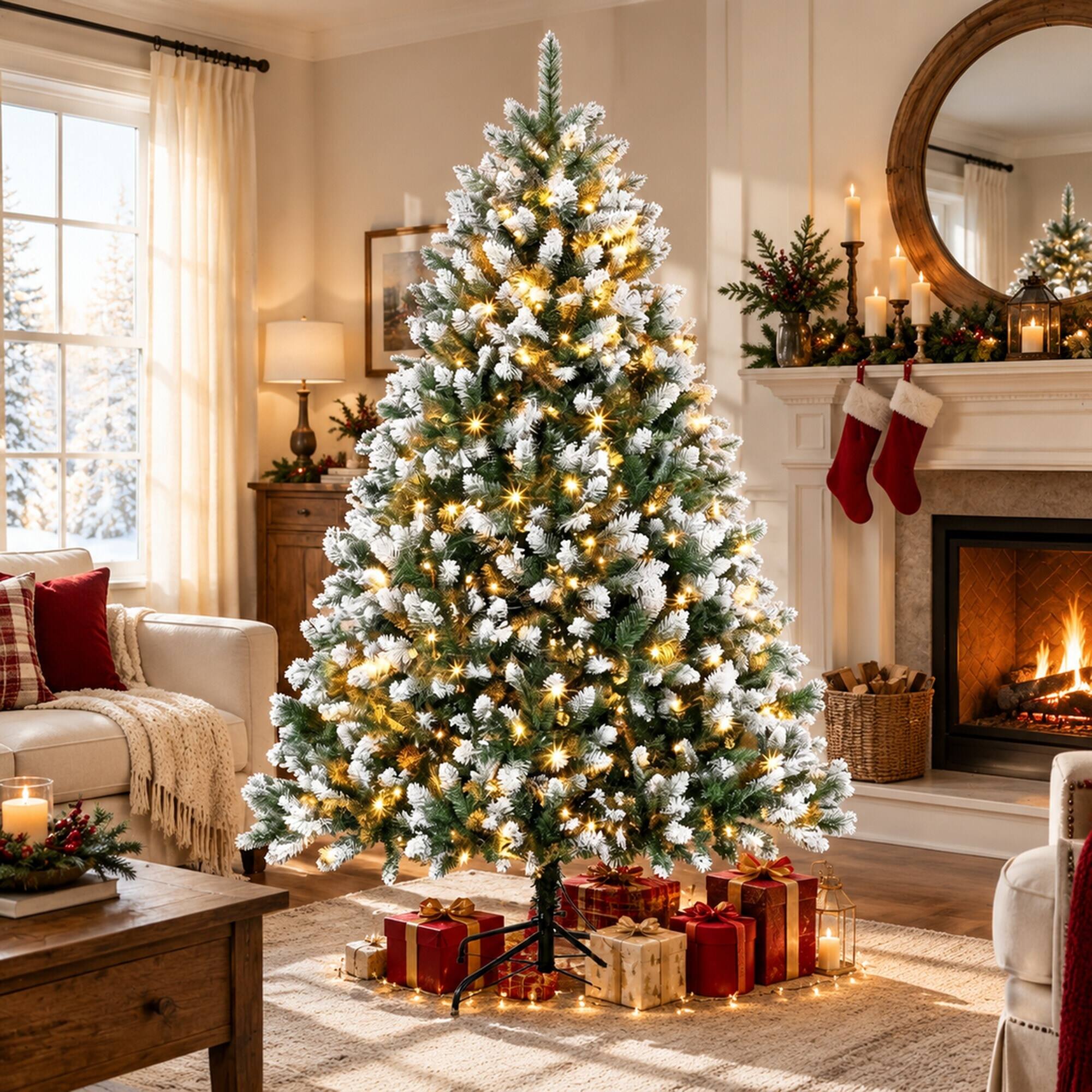 Angle. RYHNUYNE - 6FT Pre-Lit White-Tipped Artificial Christmas Tree With 1020 Lush Tips and Hinged Full Body - Green,White.