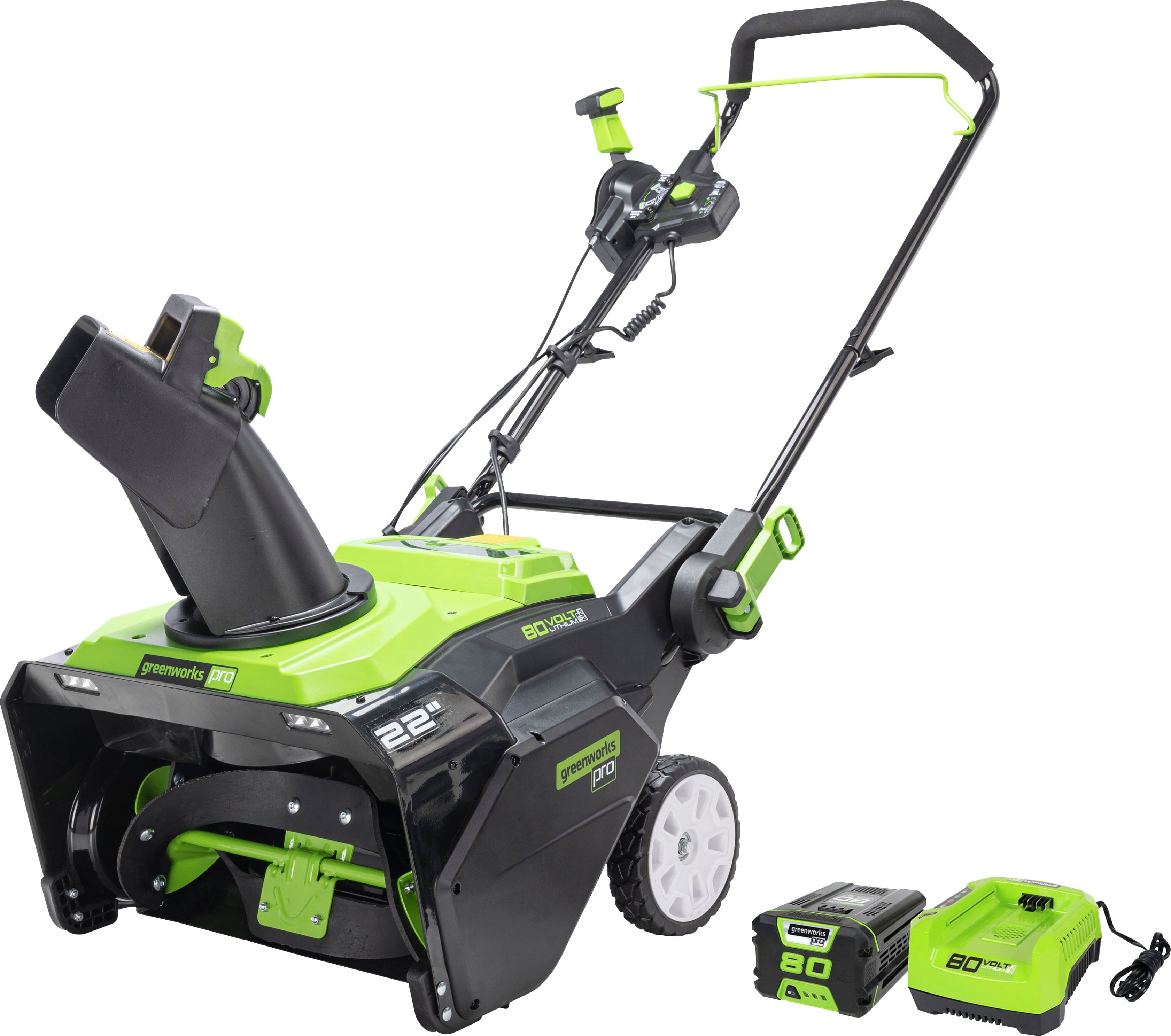 Front. Greenworks - 80V 22” Cordless Brushless Snow Blower with 4.0 Ah Battery and Rapid Charger - Black/Green.