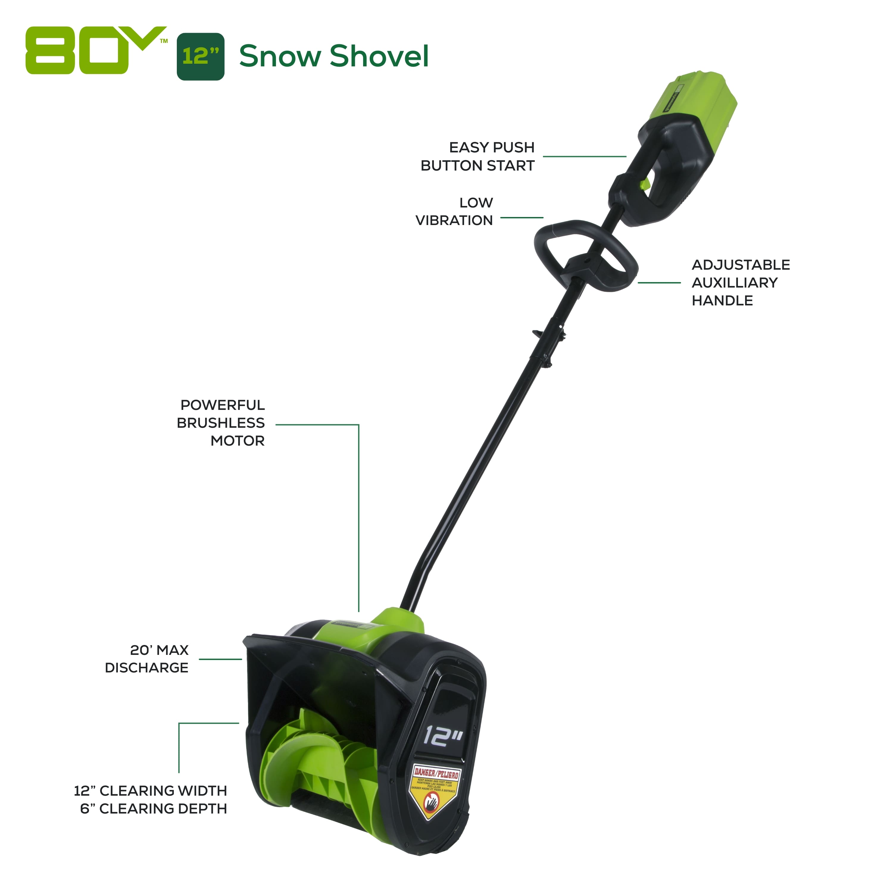 The image features a snow shovel with a green handle and a yellow label. The shovel is designed with an easy push button start and low vibration, making it comfortable to use. The shovel also has an adjustable auxiliary handle, providing better control and maneuverability. The powerful brushless motor ensures efficient snow removal, and the 20 max discharge capacity makes it suitable for clearing large areas. The shovel has a clearing width of 12 inches and a clearing depth of 6 inches, making it suitable for various snow conditions.