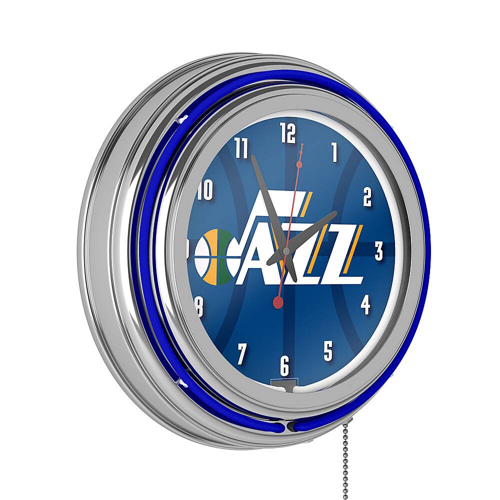 Utah Jazz NBA Fade Chrome Double Ring Neon Clock - Navy, Gold, Green, White