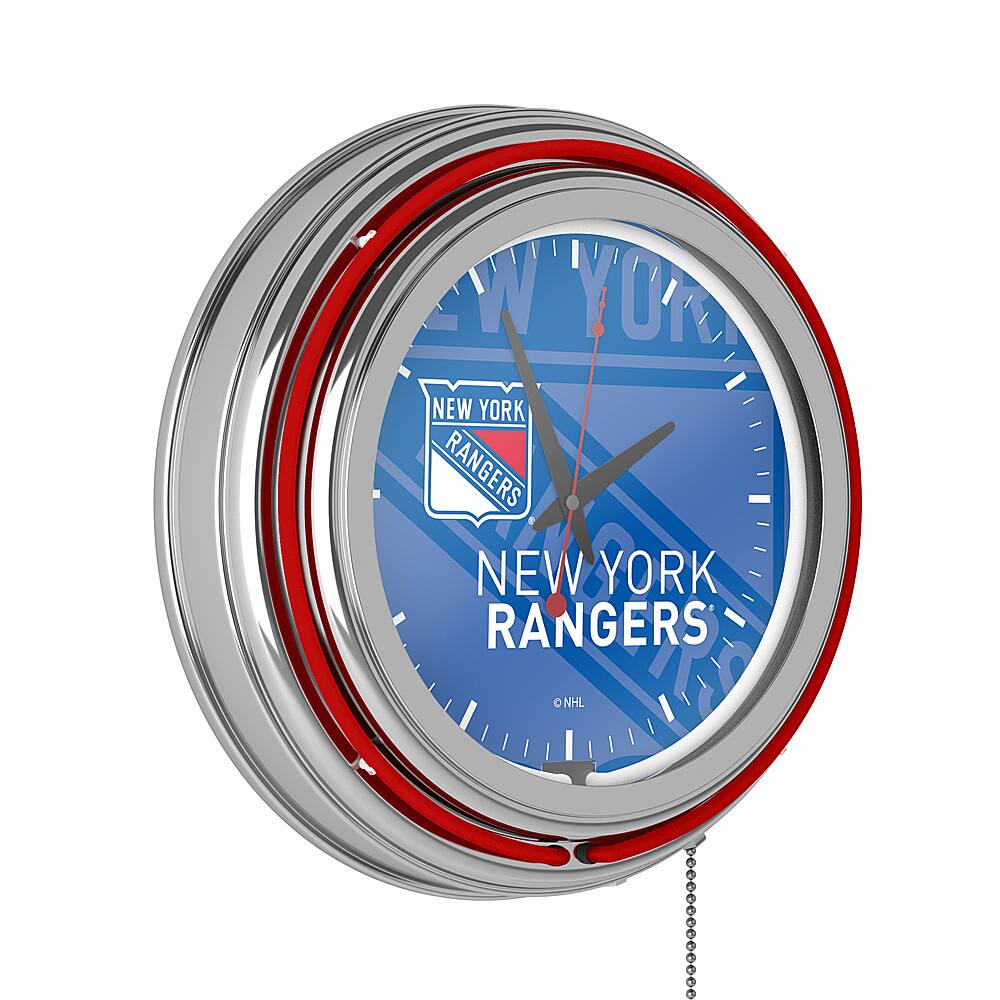 New York Rangers NHL Watermark Chrome Double Ring Neon Clock - Blue, Red, White