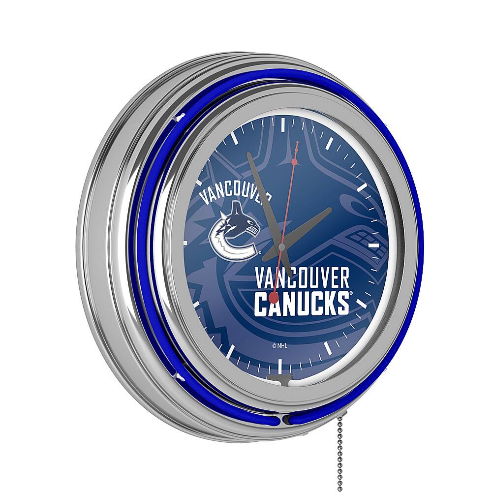 Vancouver Canucks NHL Watermark Chrome Double Ring Neon Clock - Deep Blue, White, Black