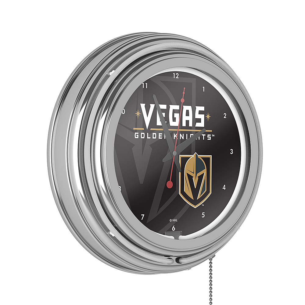 Vegas Golden Knights NHL Watermark Chrome Double Ring Neon Clock - Steel Grey, Gold, Black