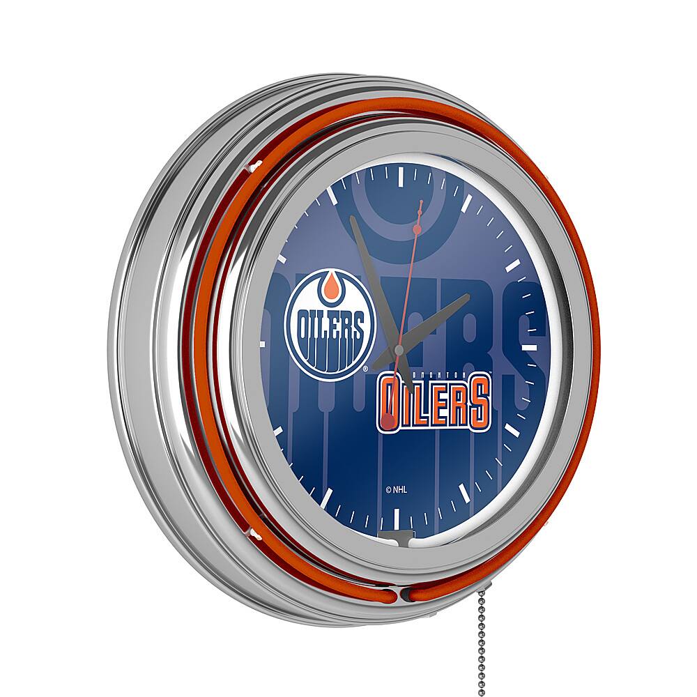 Edmonton Oilers NHL Watermark Chrome Double Ring Neon Clock - Orange, Royal Blue, White