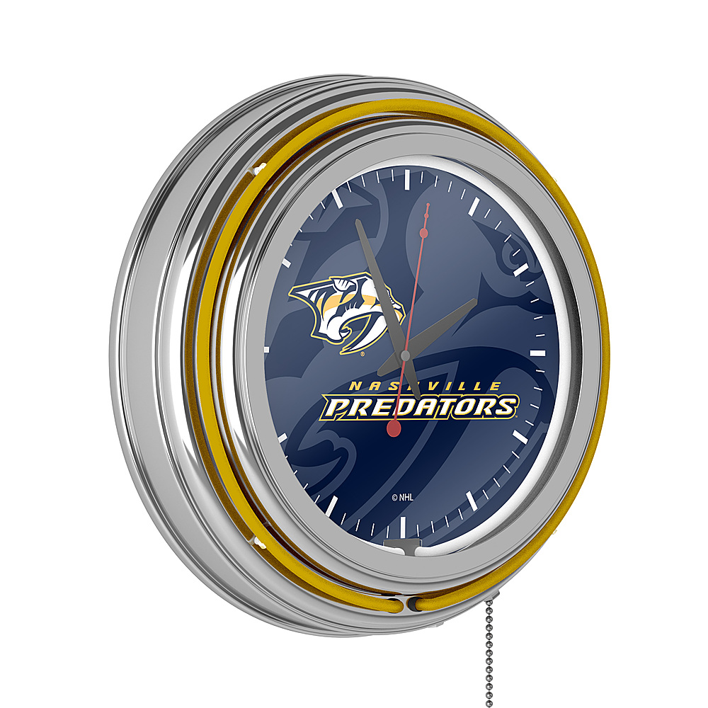 Nashville Predators NHL Watermark Chrome Double Ring Neon Clock - Gold, Navy, White