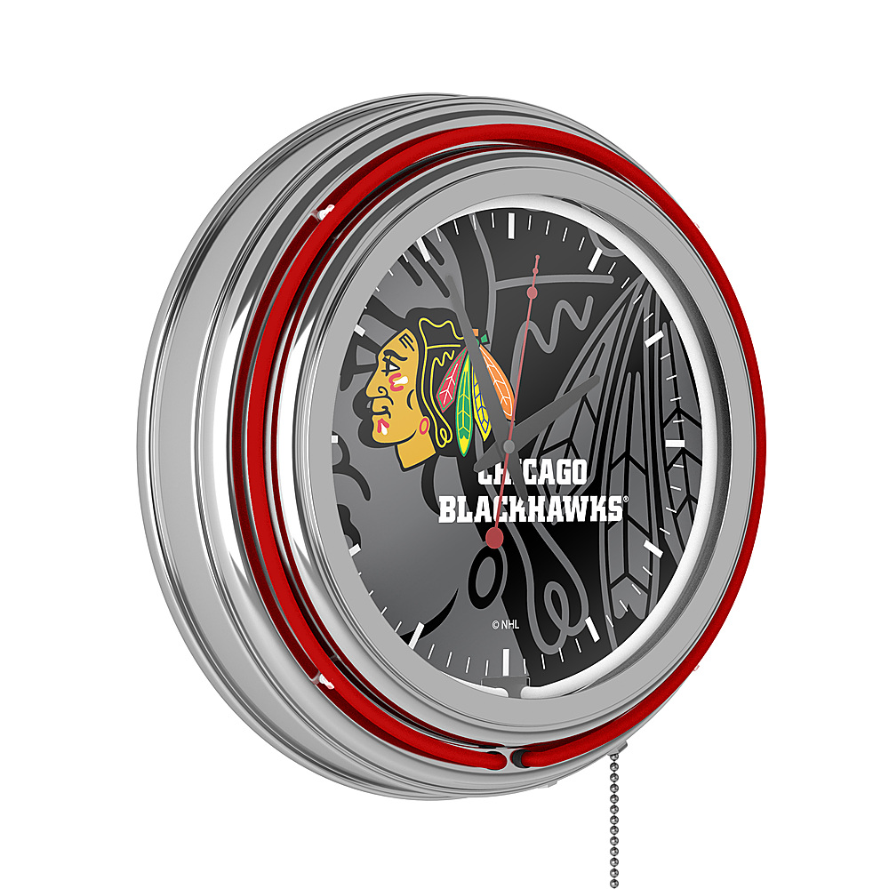 Chicago Blackhawks NHL Watermark Chrome Double Ring Neon Clock - Red, Black, White