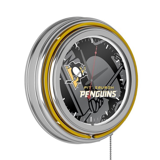 Alt View Zoom 11. Pittsburgh Penguins NHL Watermark Chrome Double Ring Neon Clock - Black, Gold, White.