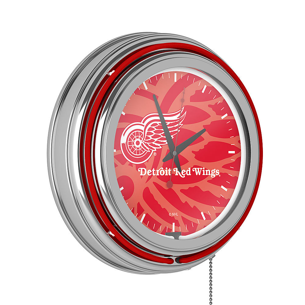 Detroit Red Wings NHL Watermark Chrome Double Ring Neon Clock - Red, White