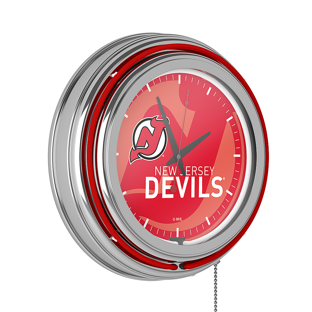 New Jersey Devils NHL Watermark Chrome Double Ring Neon Clock - Red, Black, White