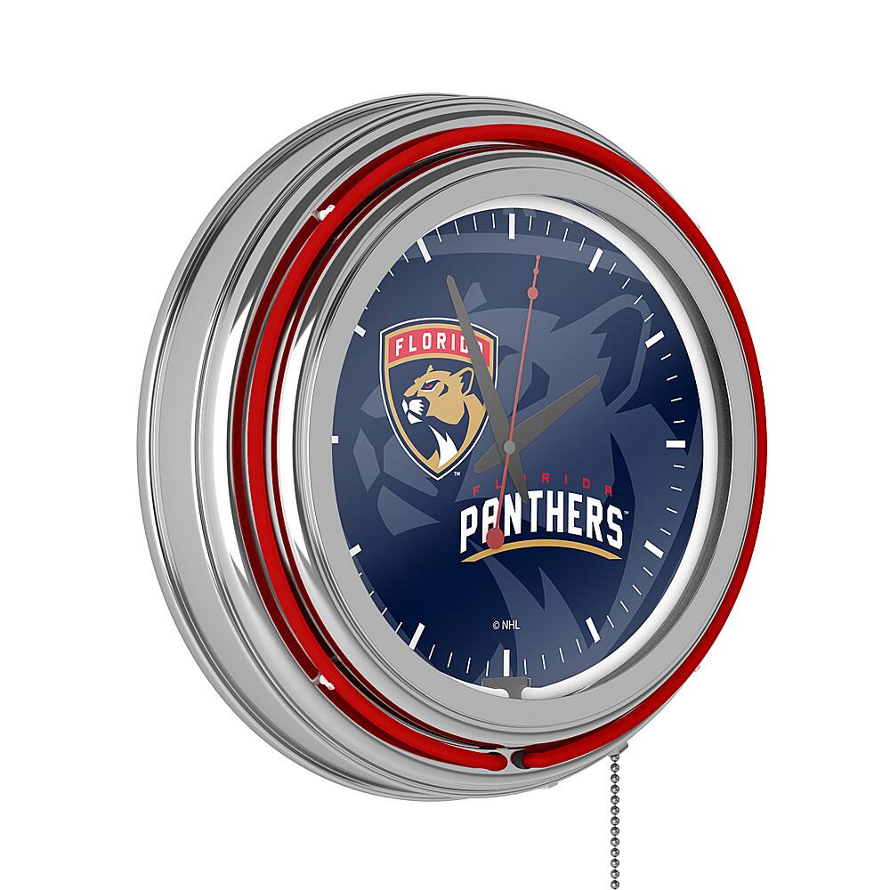 Florida Panthers NHL Watermark Chrome Double Ring Neon Clock - Red, Blue, Flat Gold, White