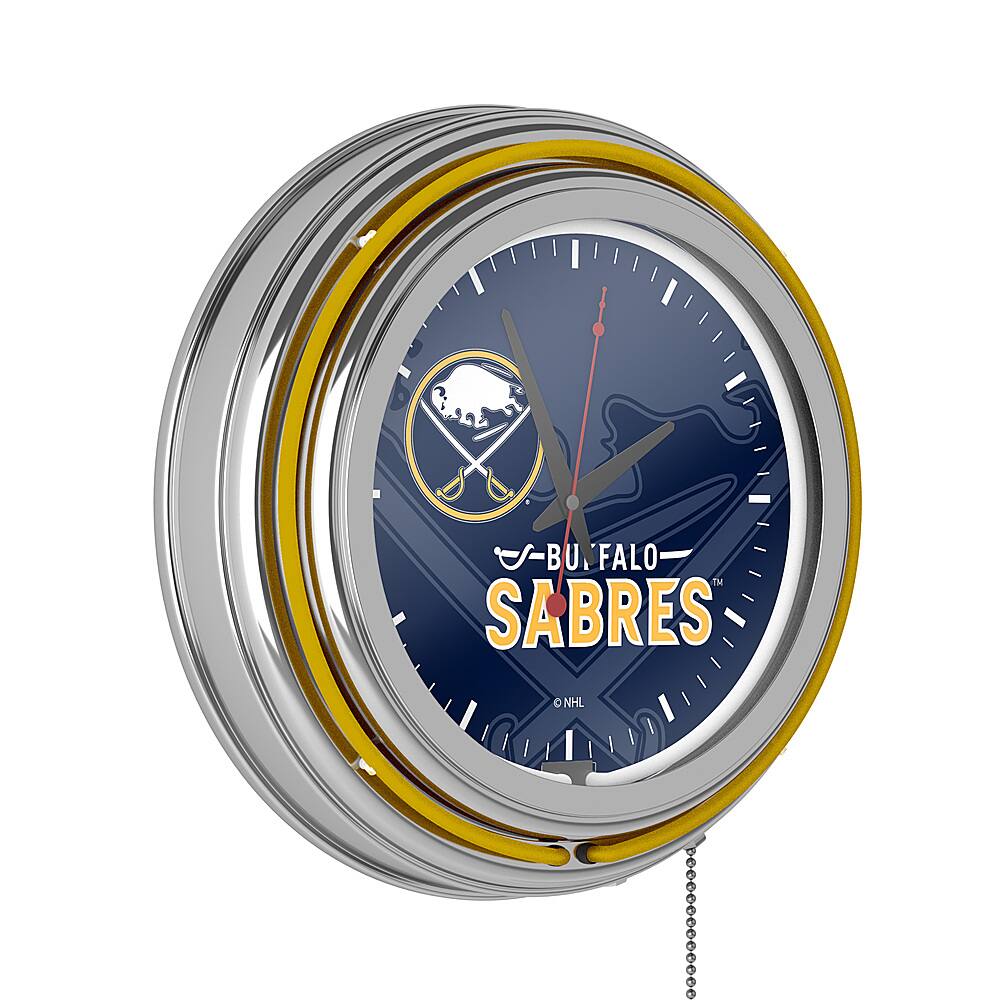 Alt View 11. NHL - Buffalo Sabres NHL Watermark Chrome Double Ring Neon Clock - Blue, Gold, White.