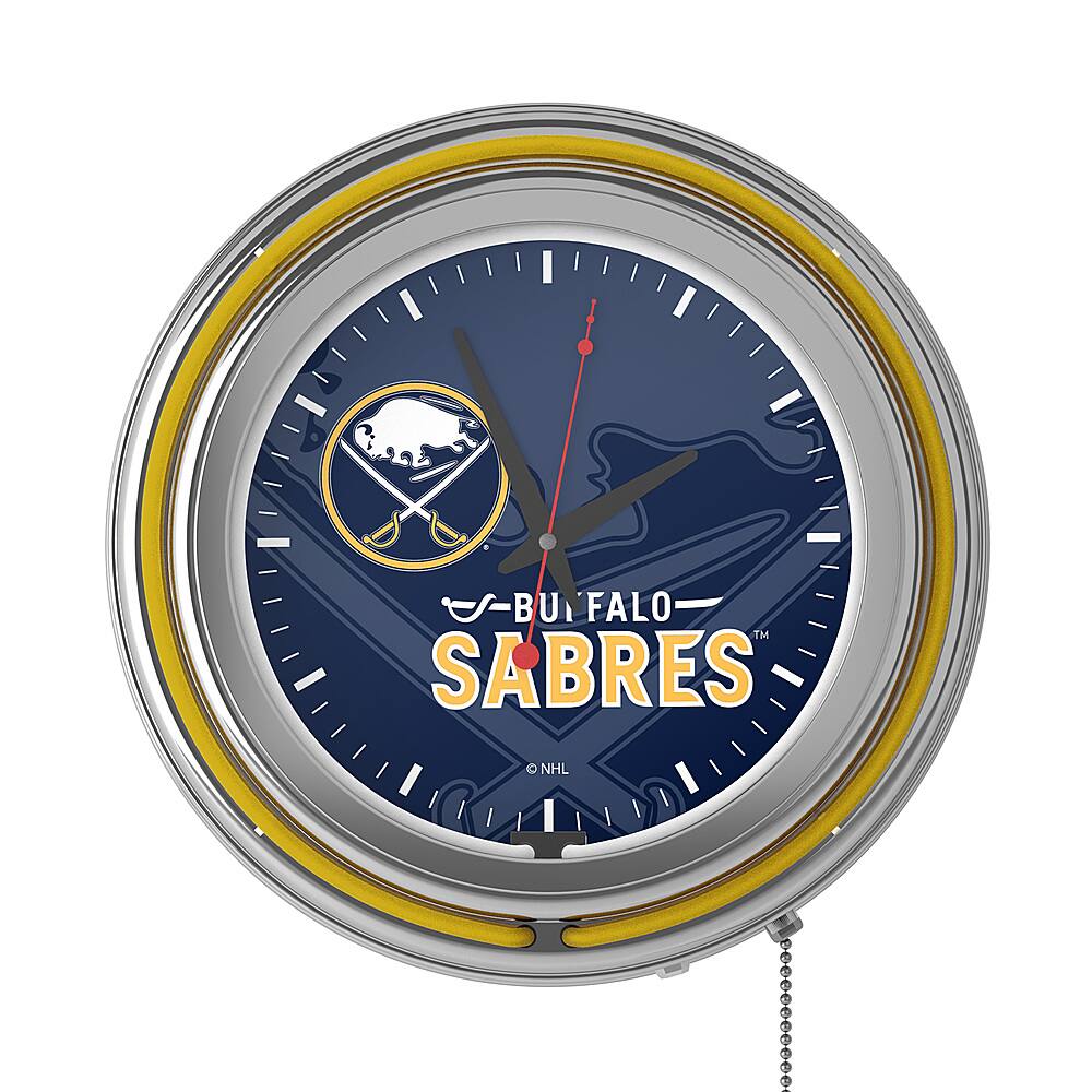 Alt View 12. NHL - Buffalo Sabres NHL Watermark Chrome Double Ring Neon Clock - Blue, Gold, White.