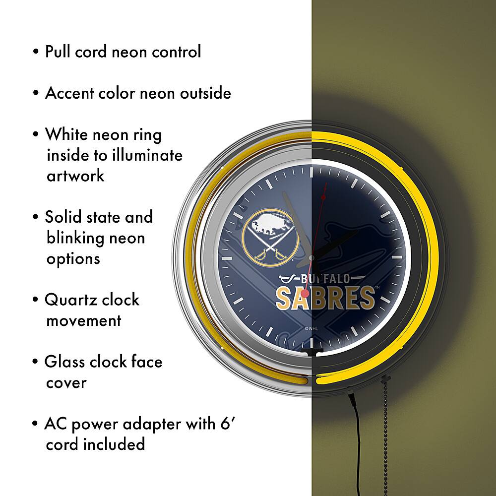 Alt View 14. NHL - Buffalo Sabres NHL Watermark Chrome Double Ring Neon Clock - Blue, Gold, White.
