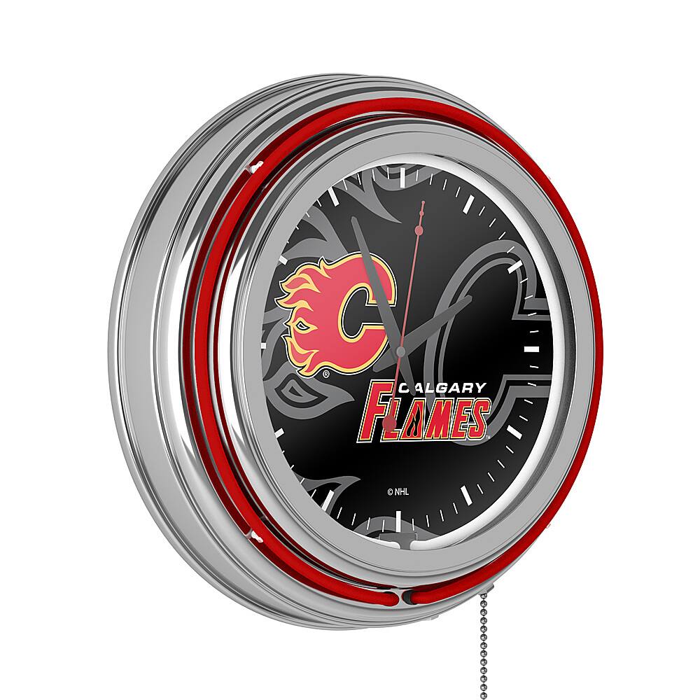 Calgary Flames NHL Watermark Chrome Double Ring Neon Clock - Red, Yellow, Black