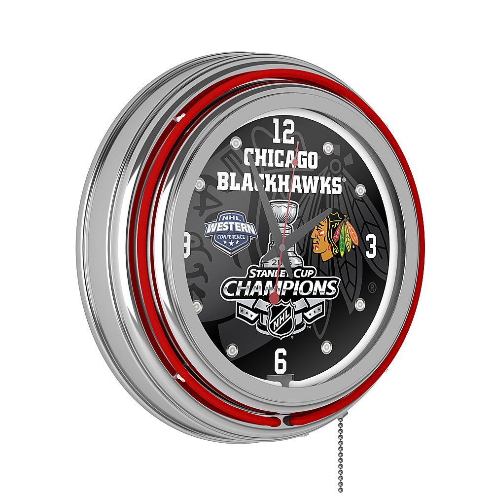 Chicago Blackhawks NHL 2015 Stanley Cup Champs Chrome Double Ring Neon Clock - Red, Black, White