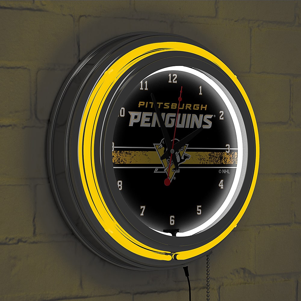 Pittsburgh Penguins NHL Chrome Double Ring Neon Clock Black, Gold