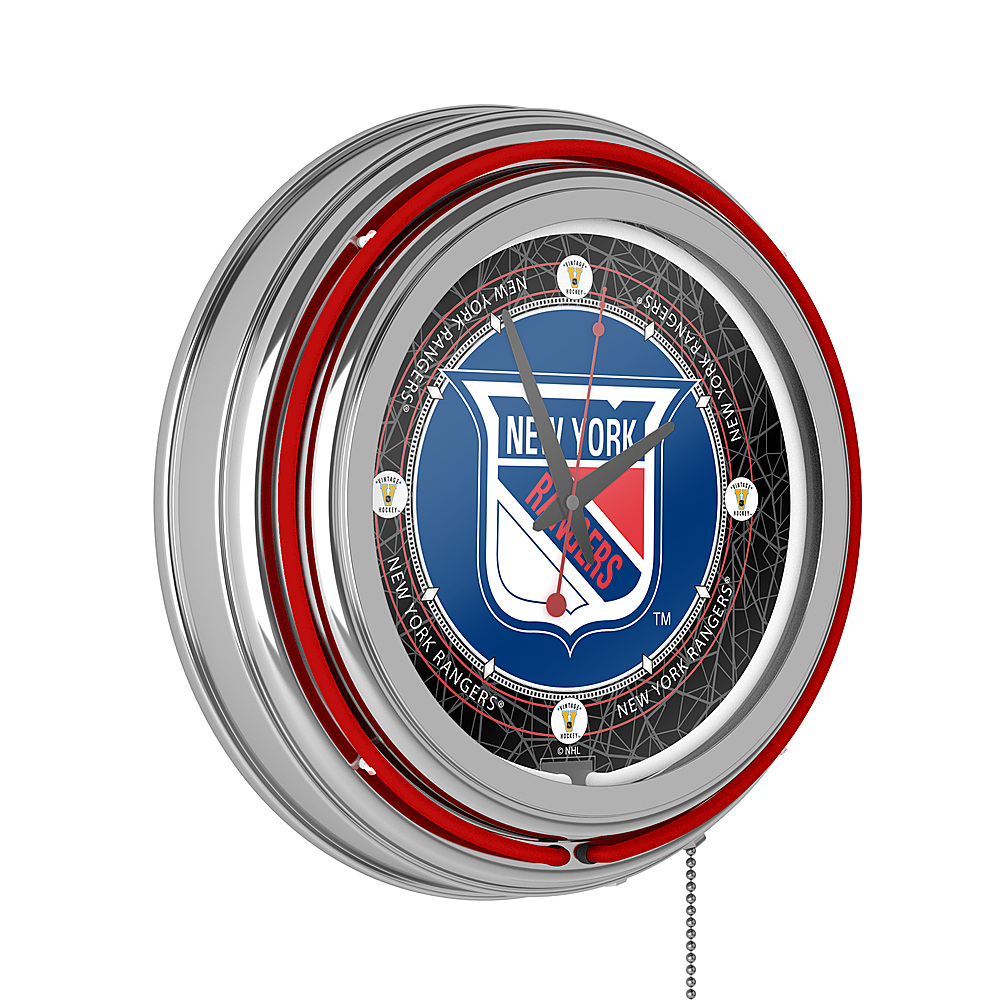 New York Rangers NHL Vintage Chrome Double Ring Neon Clock - Red, White, Blue, Black