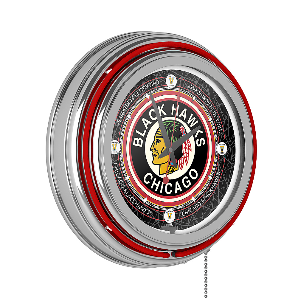 Chicago Blackhawks NHL Vintage Chrome Double Ring Neon Clock - Red, Black, White