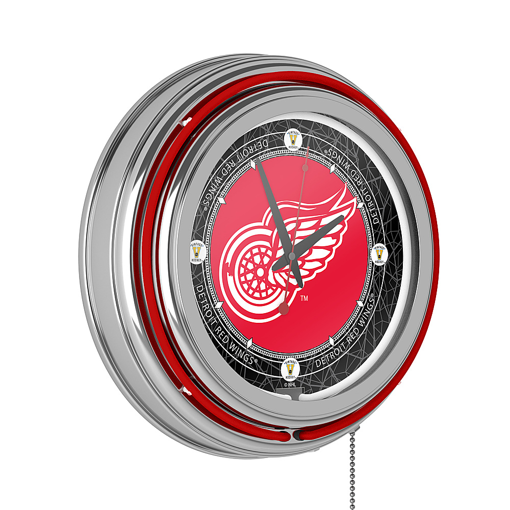 Detroit Red Wings NHL Vintage Chrome Double Ring Neon Clock - Red, White, Black
