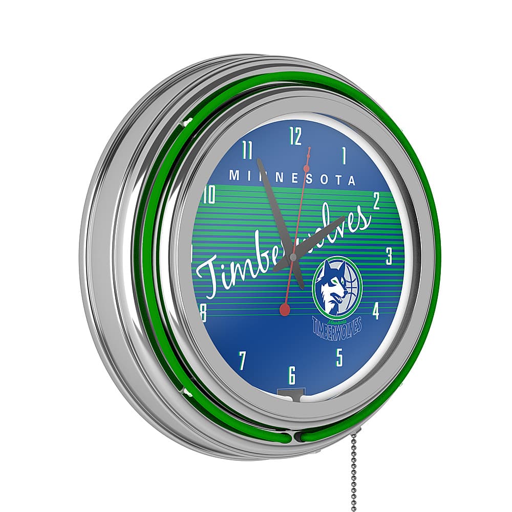 Minnesota Timberwolves NBA Hardwood Classics Chrome Double Ring Neon Clock - Dark Blue, Blue, Silver, Aurora Green