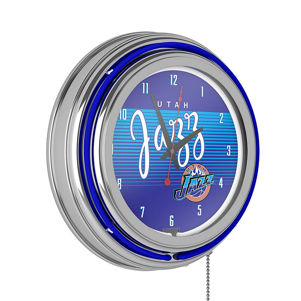 Utah Jazz NBA Hardwood Classics Chrome Double Ring Neon Clock - Navy, Light Blue, White