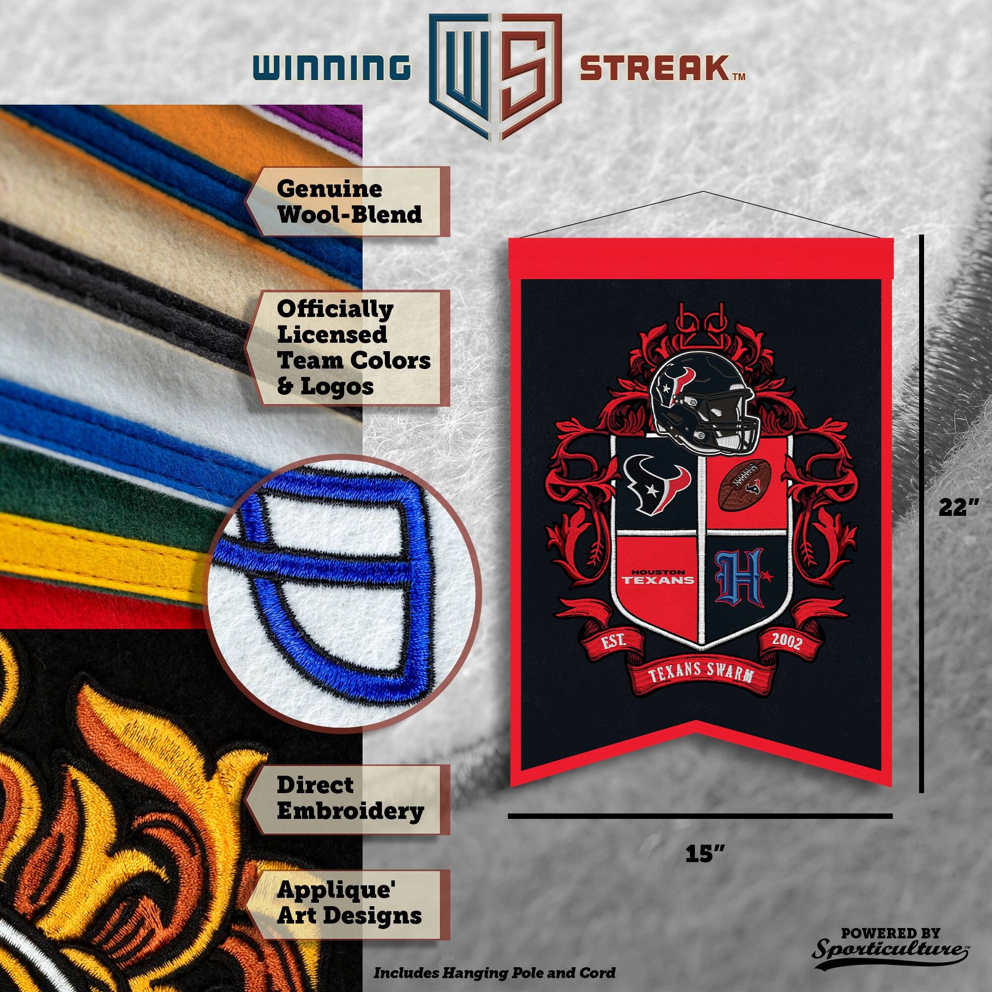 WINNING U 5 STREAK™ Genuine Wool-Blend Officially Licensed Team Colors & Logos  
Direct Embroidery Applique' Art Designs  
Includes Hanging Pole and Cord  
22" x 15"  
POWERED BY Sporticulture