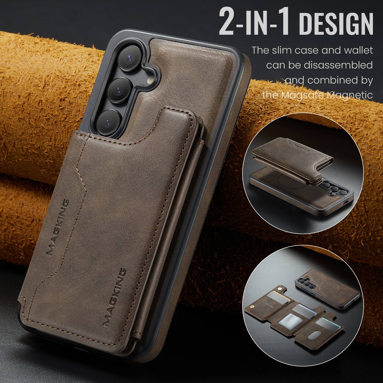 2-IN-1 DESIGN  
The slim case and wallet can be disassembled and combined by the Magsafe Magnetic  

MAGKING  
MAGKING
