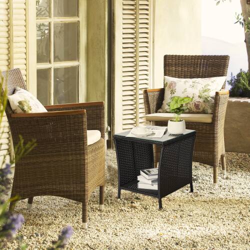 Alt View 7. Winado - 18in Wicker Side Table with Tempered Glass Top, Storage Rattan End Table for Indoor Outdoor Garden Balcony Porch Deck - Black.