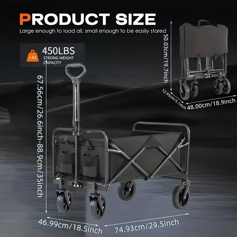 **PRODUCT SIZE**  
Large enough to load all, small enough to be easily stored  

**450LBS**  
STRONG WEIGHT CAPACITY  

- 50.03cm/19.7inch  
- 48.00cm/18.9inch  
- 67.56cm/26.6inch-88.9cm/35inch  
- 46.99cm/18.5inch  
- 74.93cm/29.5inch