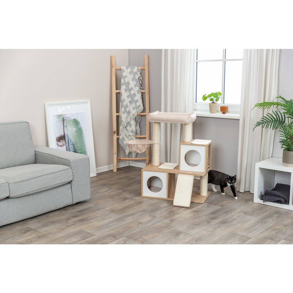Left. TRIXIE - Addison Sisal & Wood 35.5" Cat Tree, Modern Cat Tower, Condos, Hammock, Cozy Bed - Beige.
