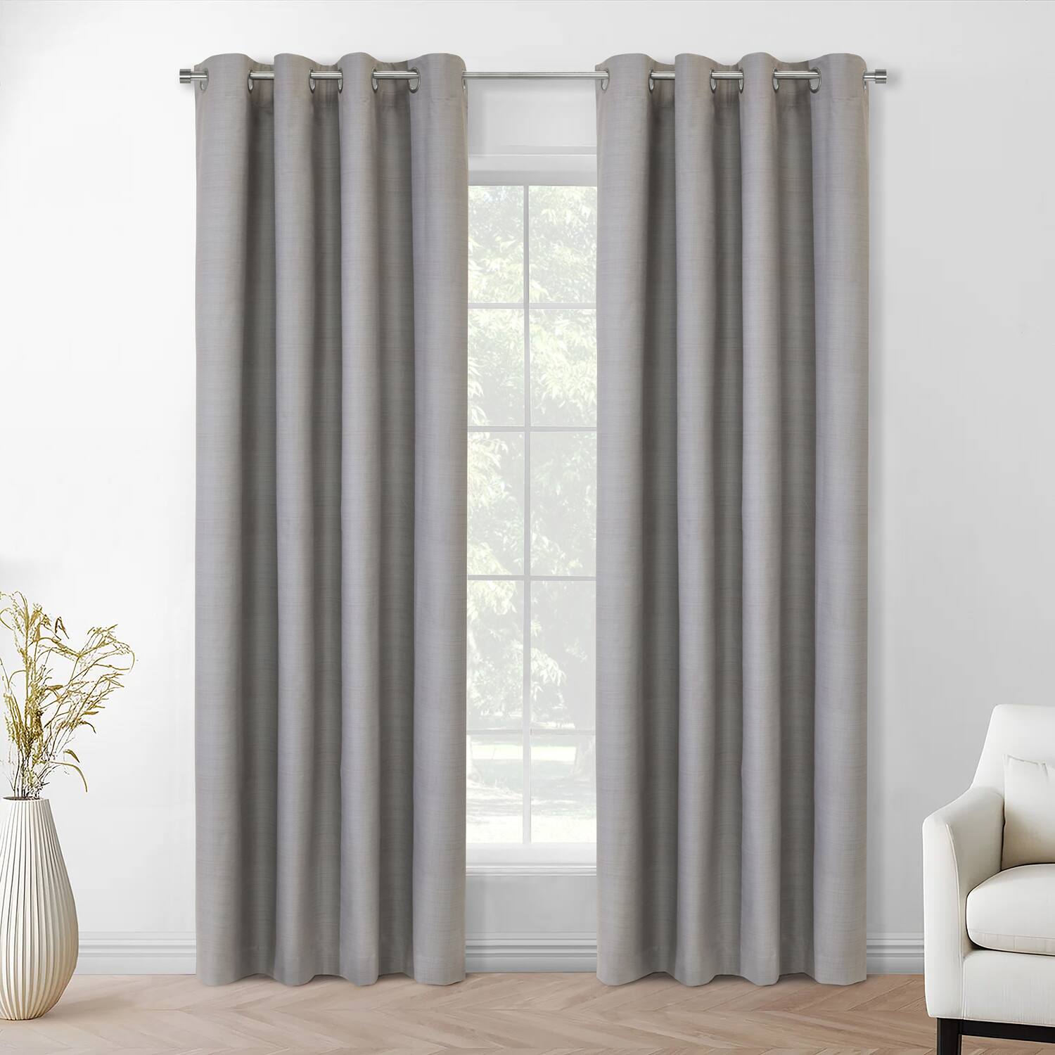 Angle. Commonwealth Home Fashions - Thermaplus 100% Polyester Mason Lightweight Texture Printed Blackout Grommet Curtain Panel 52" x 108" Silver - Silver.