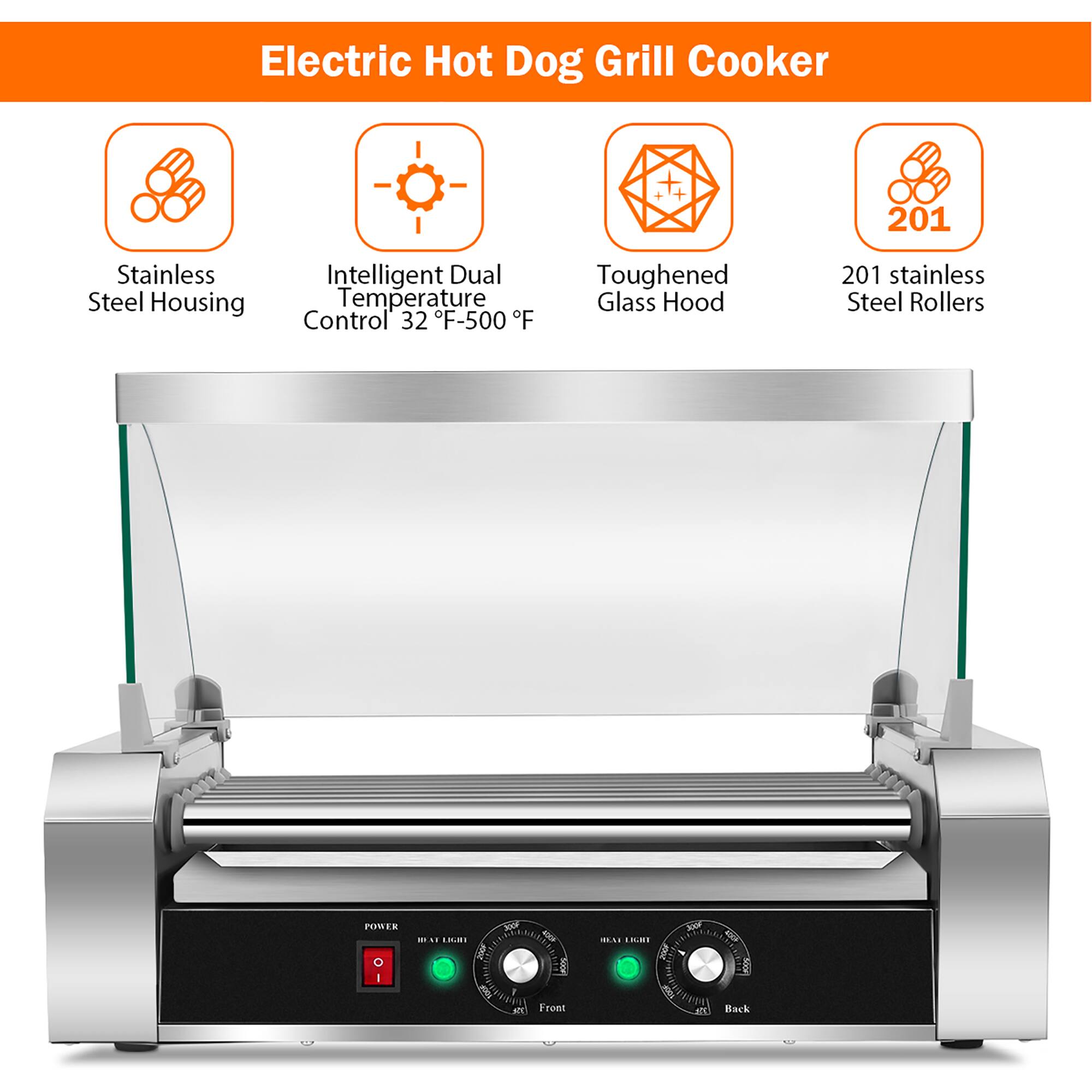 Electric Hot Dog Grill Cooker

* 201 Stainless Steel Housing
* Intelligent Dual Temperature Control (32°F-500°F)
* Toughened Glass Hood
* 201 Stainless Steel Rollers
* PIRBER X - 1ALIS 1 DH A a Toce Front ... BLM Ae E NOC Back