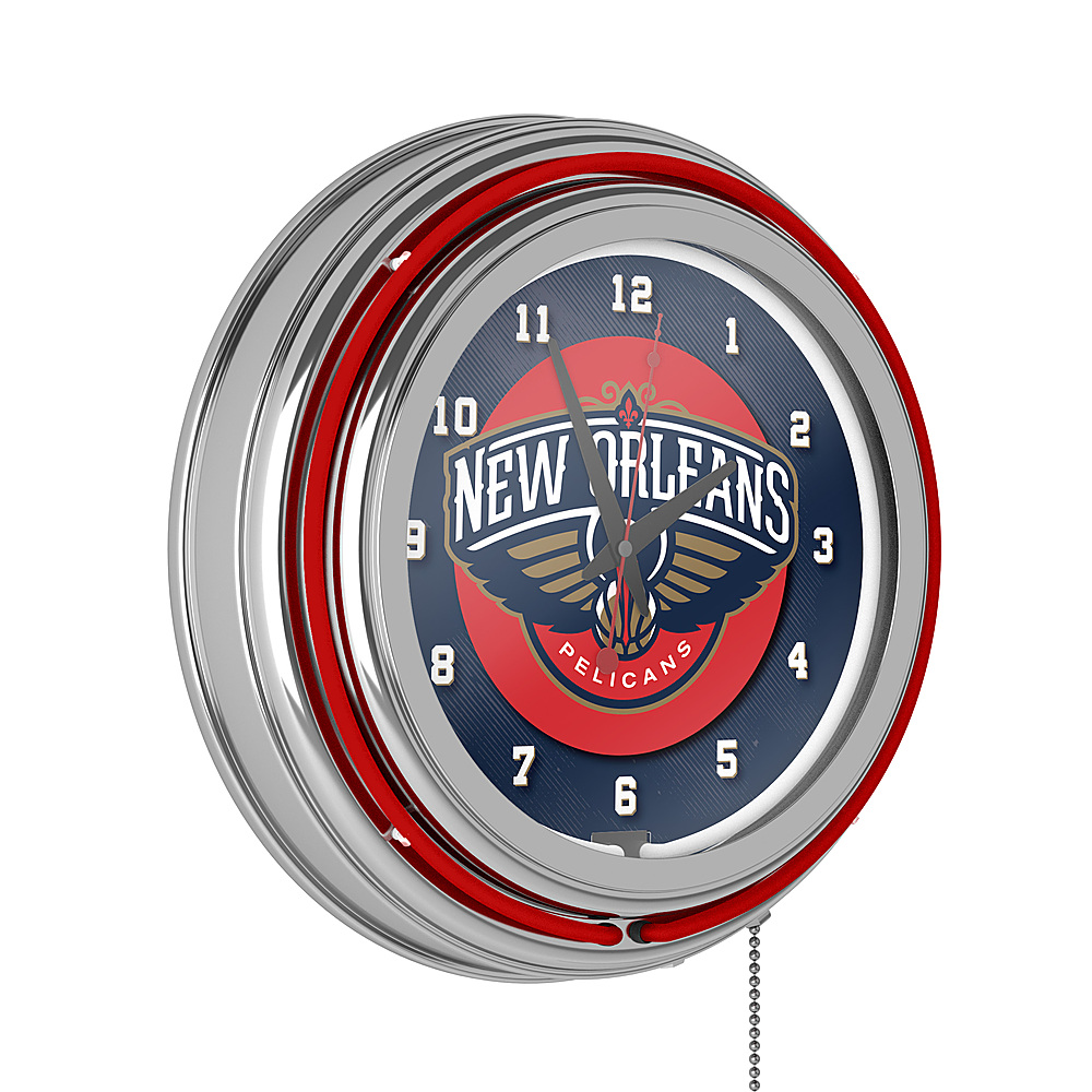 New Orleans Pelicans NBA Chrome Double Ring Neon Clock - Navy, Gold, Red
