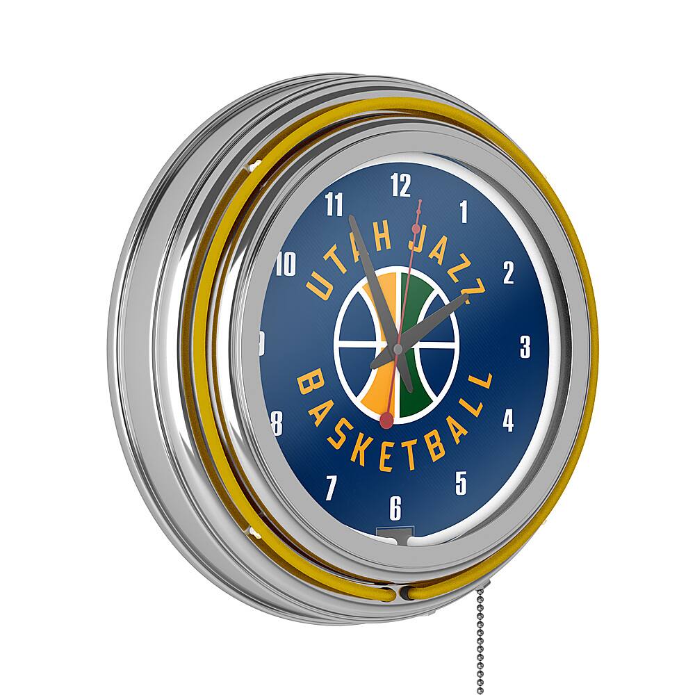 Utah Jazz NBA Chrome Double Ring Neon Clock - Navy, Yellow, Green