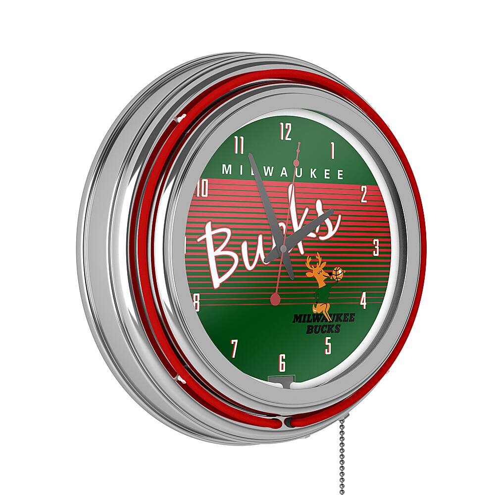 Milwaukee Bucks NBA Hardwood Classics Chrome Double Ring Neon Clock - Dark Green, Tan, Red