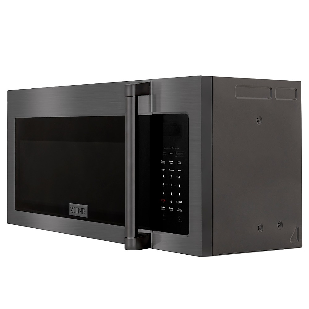 Left View: ZLINE Over the Range Convection Microwave Oven in Black Stainless Steel with Traditional Handle and Sensor Cooking - BLACK