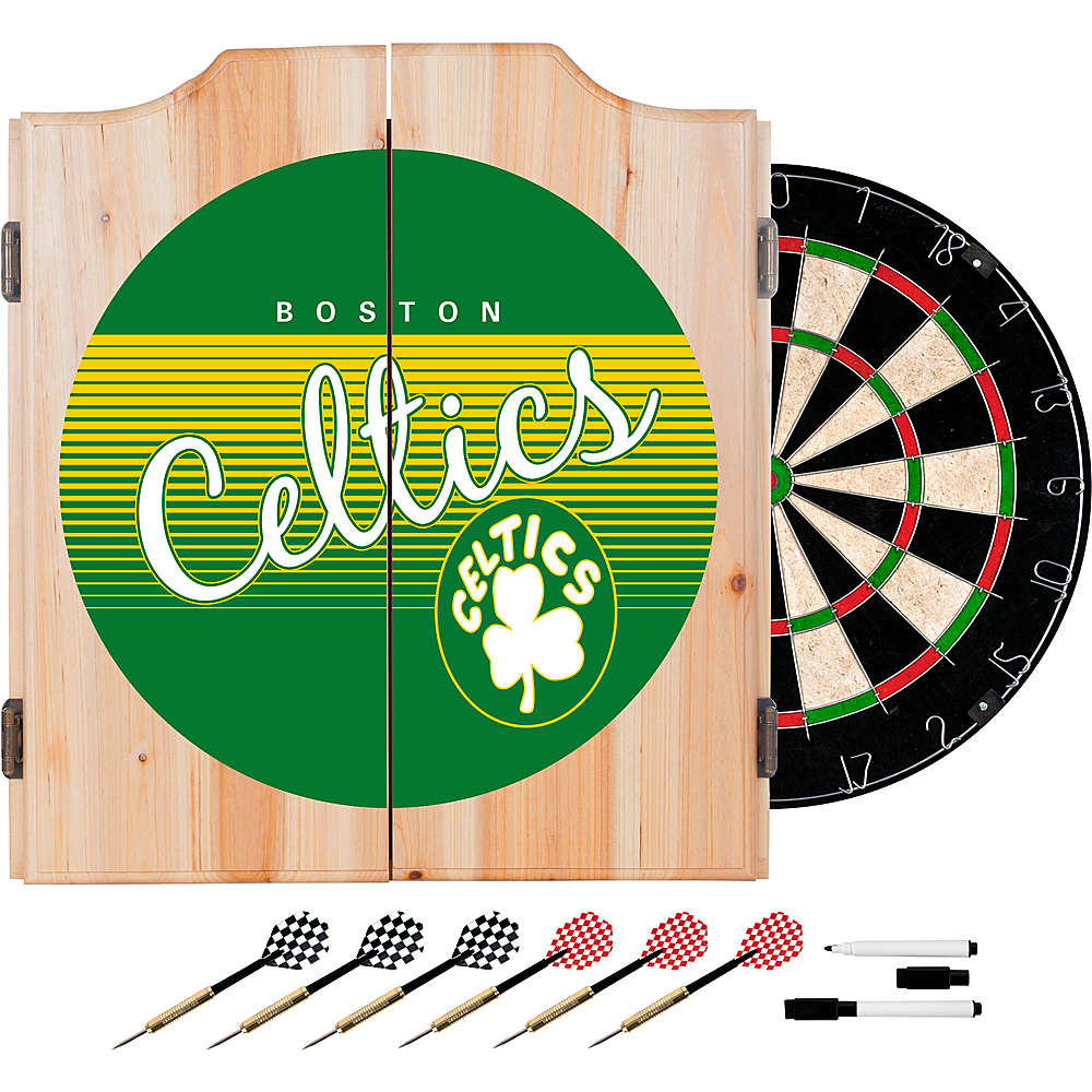 Boston Celtics NBA Hardwood Classics Dart Cabinet Set with Darts and Board - Green, Yellow, White