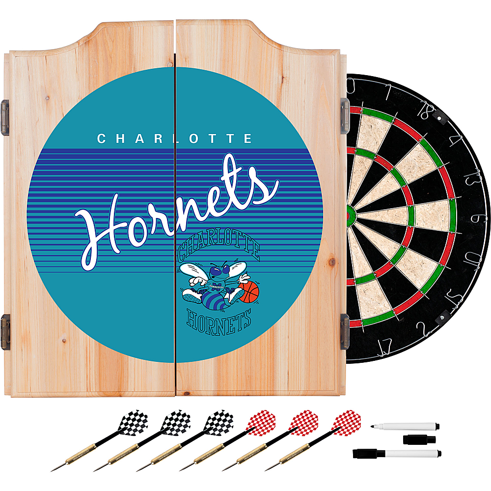 Charlotte Hornets NBA Hardwood Classics Dart Cabinet Set with Darts and Board - Blue, Teal, White