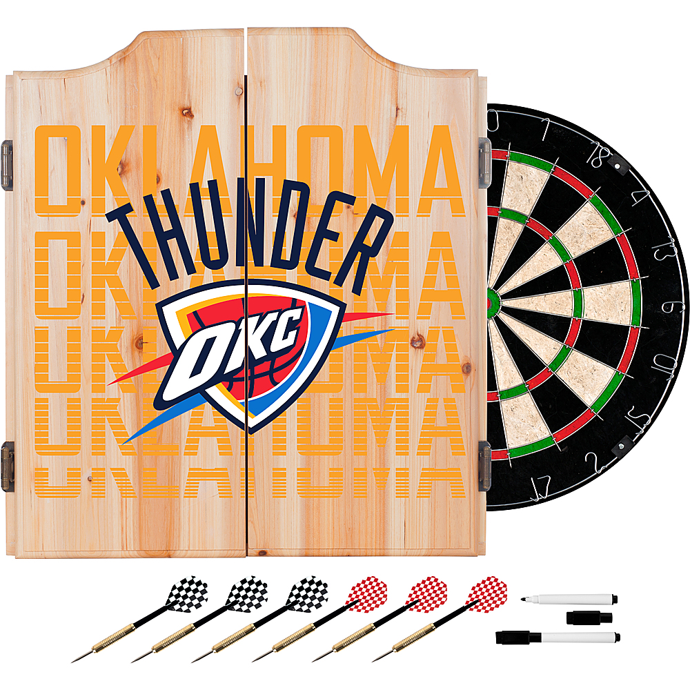 Oklahoma City Thunder NBA City Dart Cabinet Set with Darts and Board - Sunset Yellow, Navy Blue, Orange