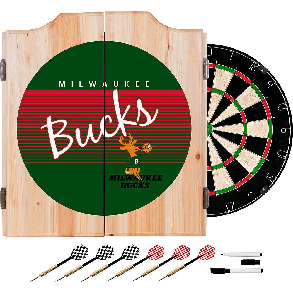 Milwaukee Bucks NBA Hardwood Classics Dart Cabinet Set with Darts and Board - Dark Green, Tan, Red