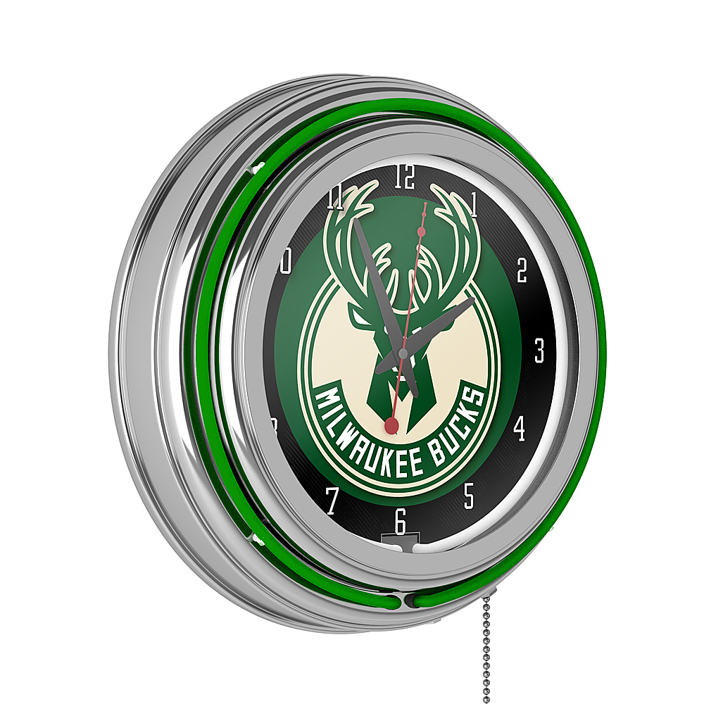 Milwaukee Bucks NBA Chrome Double Ring Neon Clock - Good Land Green, Cream City Cream
