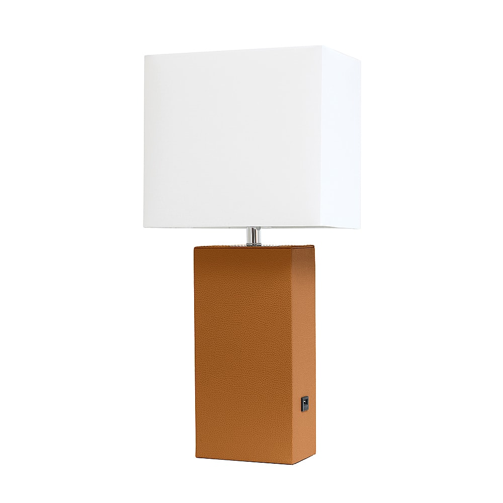 Angle View: Elegant Designs Modern Leather Table Lamp with USB and White Fabric Shade, Tan