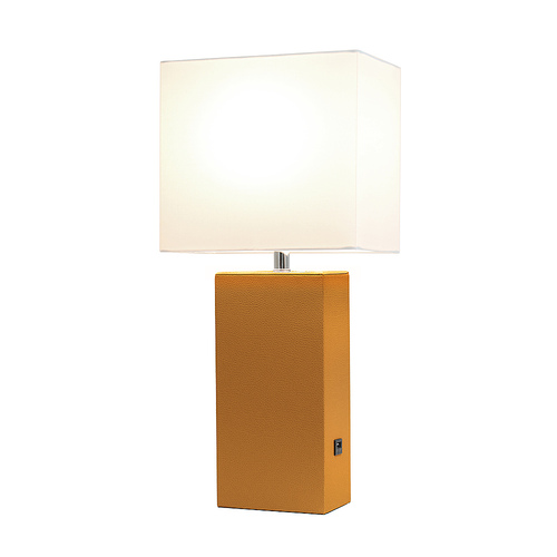 Elegant Designs Modern Leather Table Lamp with USB and White Fabric Shade, Tan