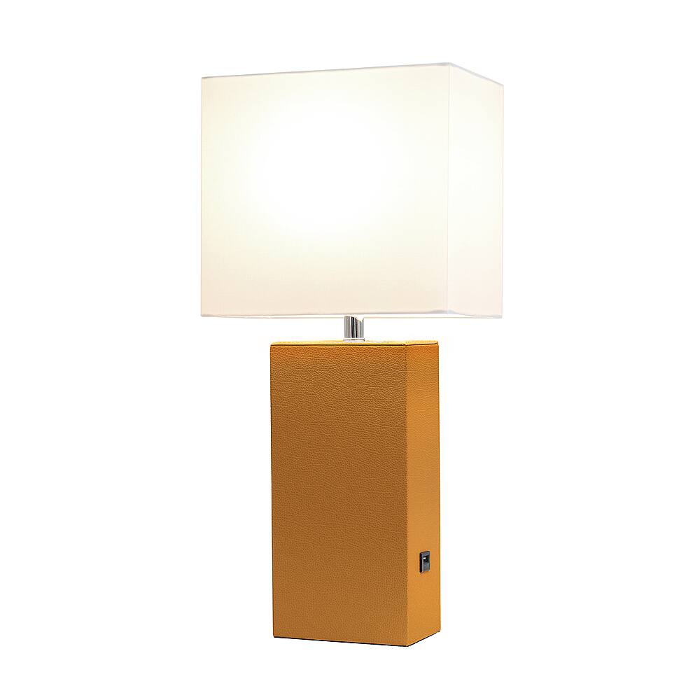 Front. Elegant Designs - Modern Leather Table Lamp with USB and White Fabric Shade - Tan.