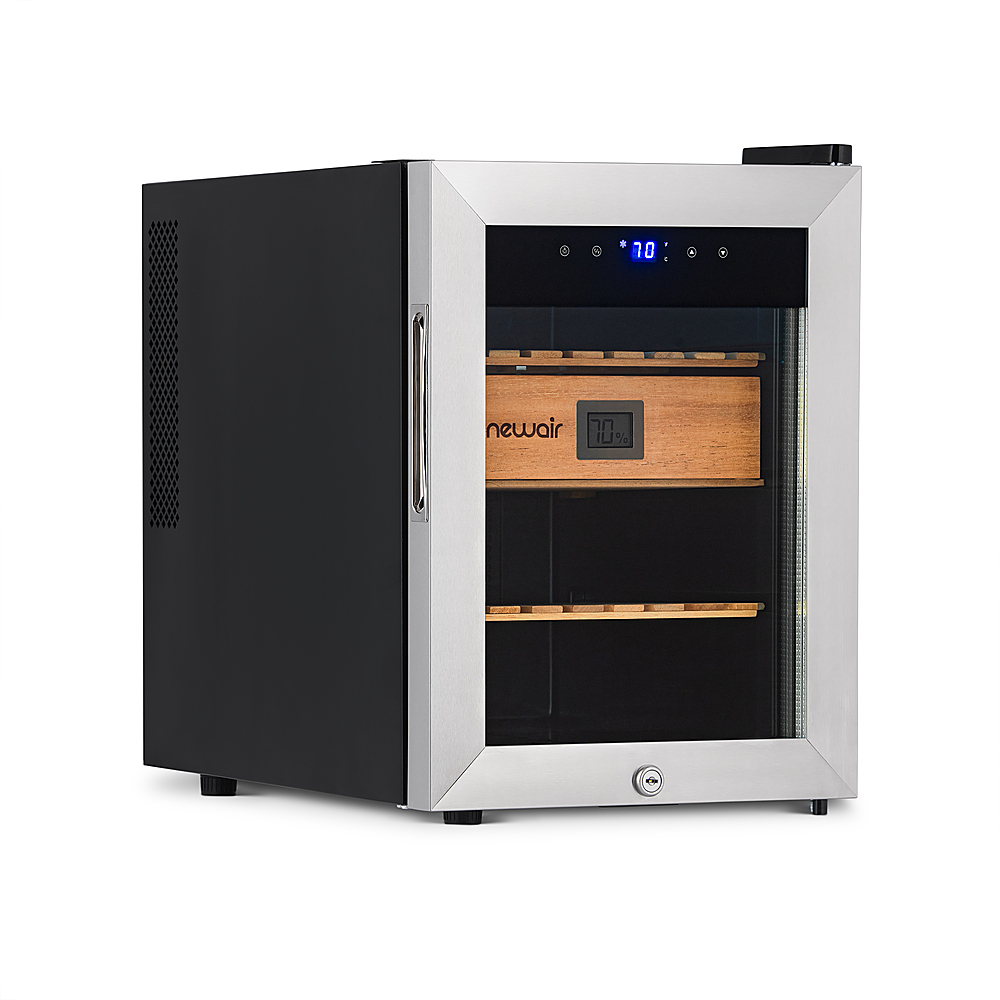 Left View: NewAir - 250 Count Cigar Humidor Wineador with Precision Digital Temperature Controls - Stainless Steel