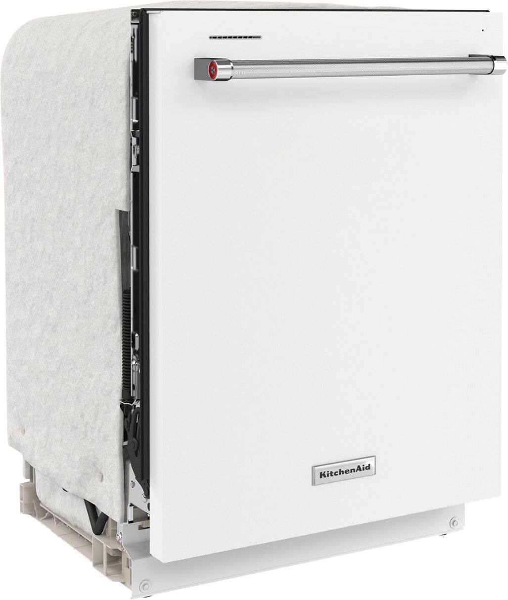 Angle. KitchenAid - 24" Top Control Built-In Dishwasher with Stainless Steel Tub, ProWash Cycle, 3rd Rack, 39 dBA - White.