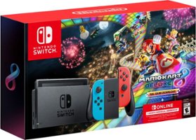 Nintendo Switch - Neon Blue/Neon Red Joy-Con + Mario Kart 8 Deluxe (Download) + 3month Nintendo Switch Online membership - Black/Neon Blue/Neon Red - Angle_Zoom
